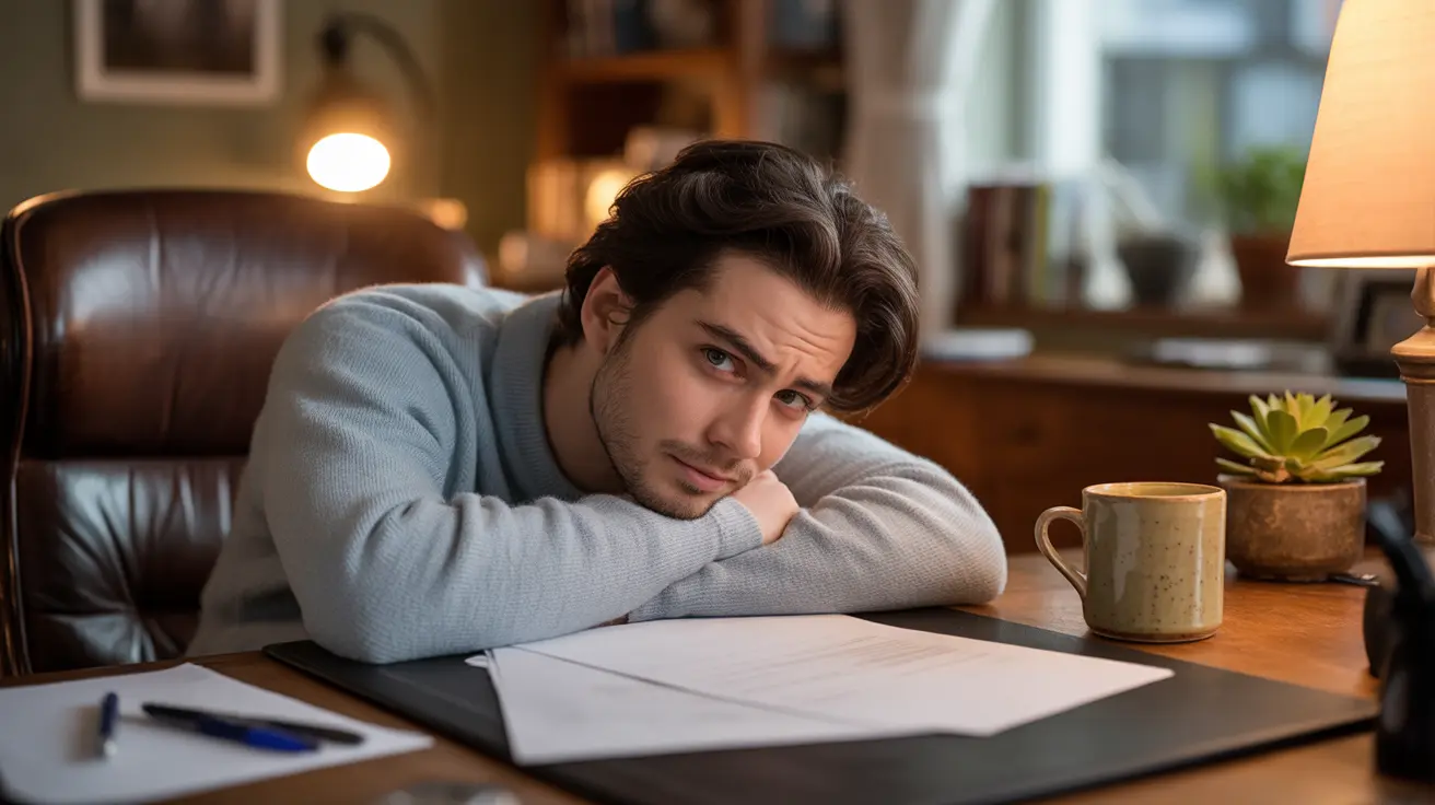 Illustration of a person distressed at their desk, staring at a paper with crossed-out attempts in a warm, cozy home office.