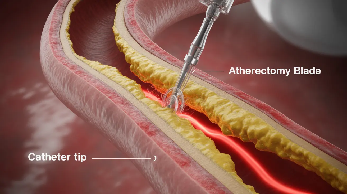 Cross-sectional artery illustration showing atherectomy device removing plaque with labels under clinical lighting