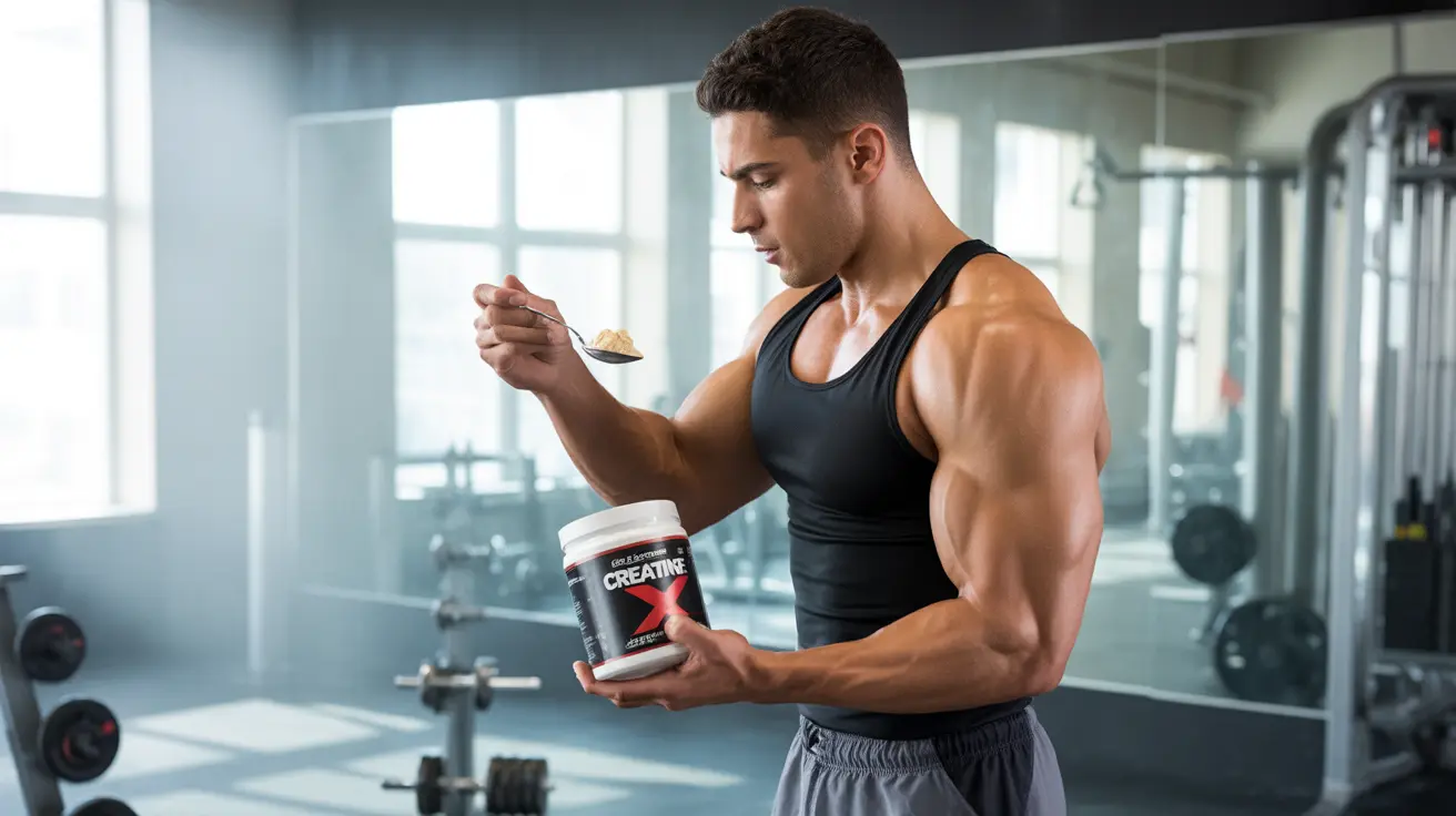 Athlete in modern gym about to take creatine supplement, gym equipment in background, bright natural lighting