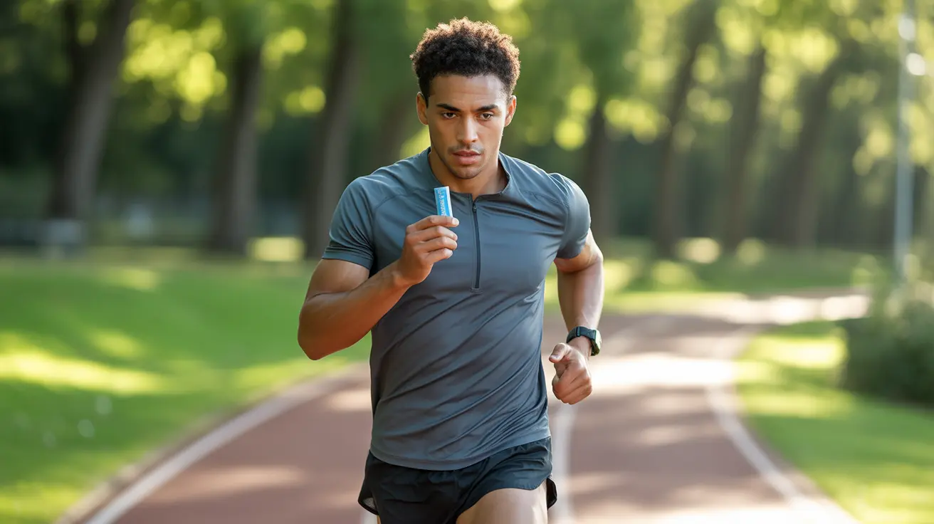 Athlete taking a salt tablet while jogging on an outdoor track in bright sunlight, with a blurred background of trees and running path.