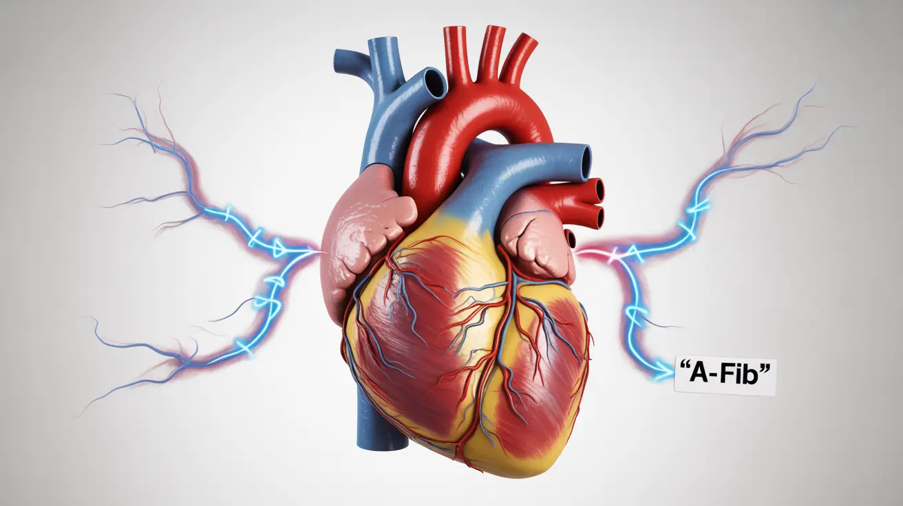 Detailed illustration of anatomical heart showing irregular heartbeat patterns typical of atrial fibrillation with electric impulses depicted as arrows, labels, bright clinical colors, on a white background.