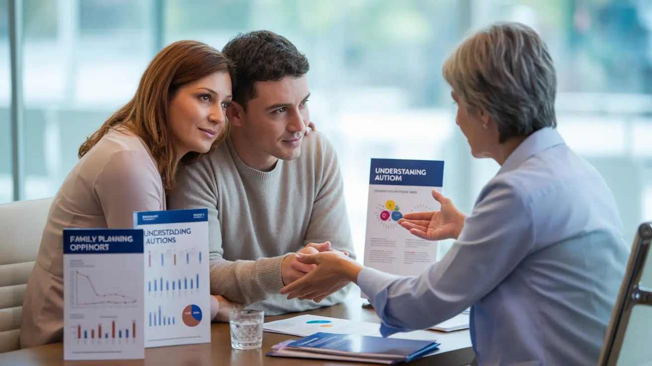 Couple consulting with genetic counselor in office, discussing autism family planning with informational materials on table