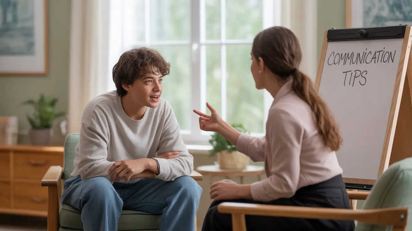 Detailed illustration of a warm therapy room with a therapist interacting with a young adult displaying signs of autism and ADHD during social skills training.