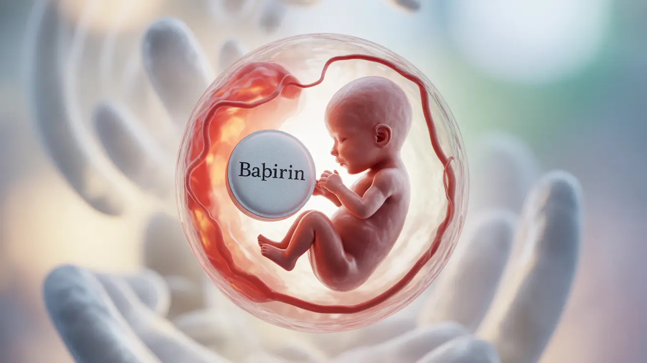 Illustration of baby aspirin with fetus and placenta, showing enhanced blood flow and reduced inflammation against pastel background