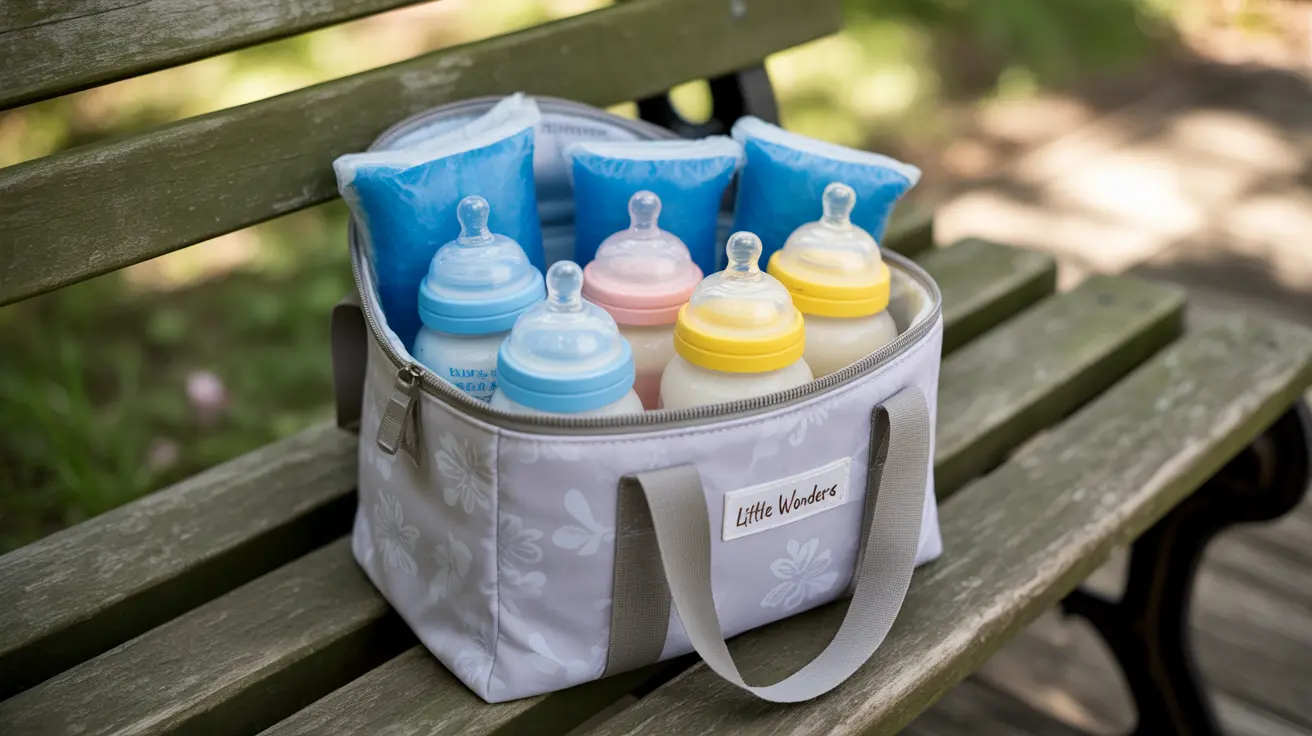 Realistic photograph of a baby bottle cooler bag containing multiple bottles and ice packs on a park bench in bright daylight