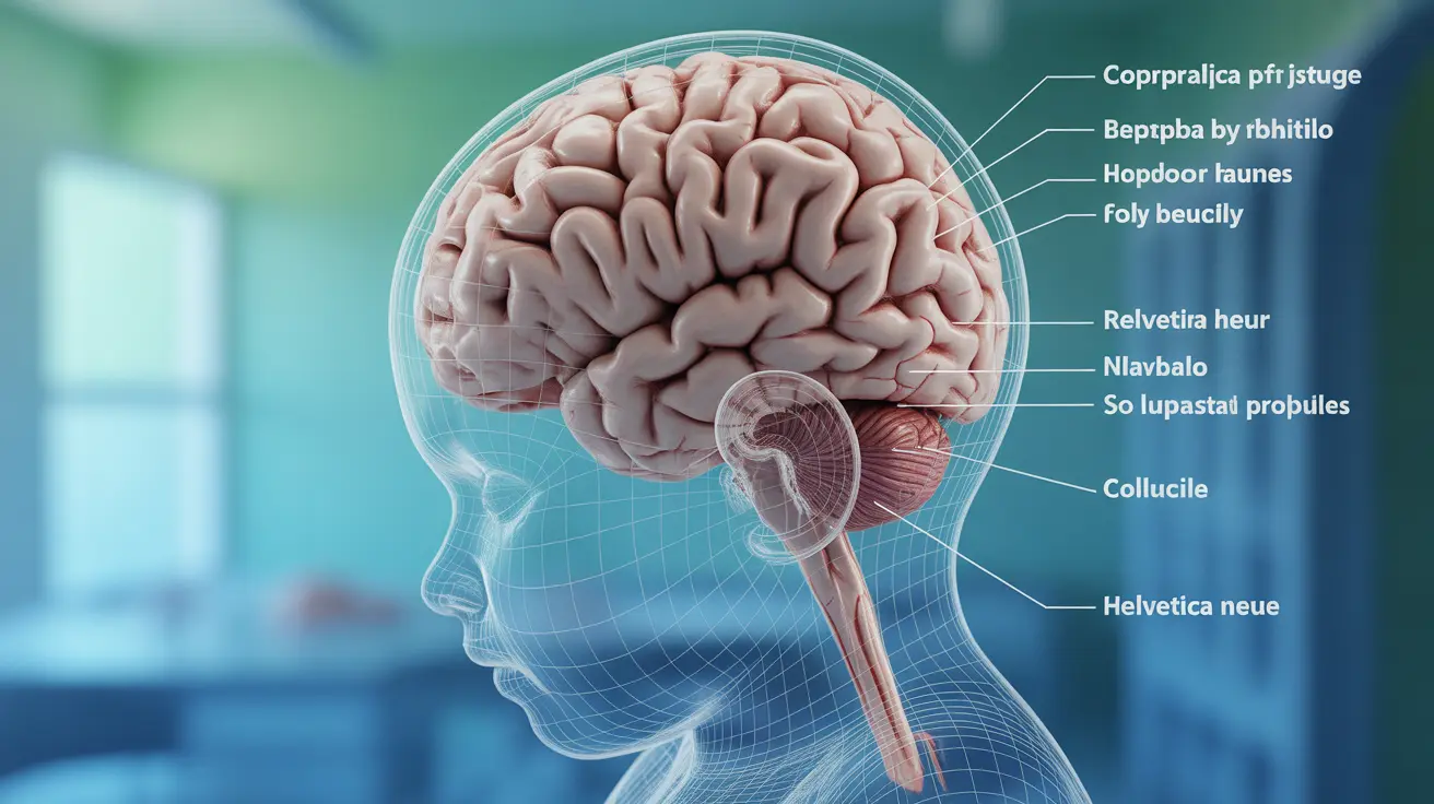 Detailed illustration of a human baby's brain with colpocephaly, showing enlarged posterior horns of the lateral ventricles in a bright clinical setting.