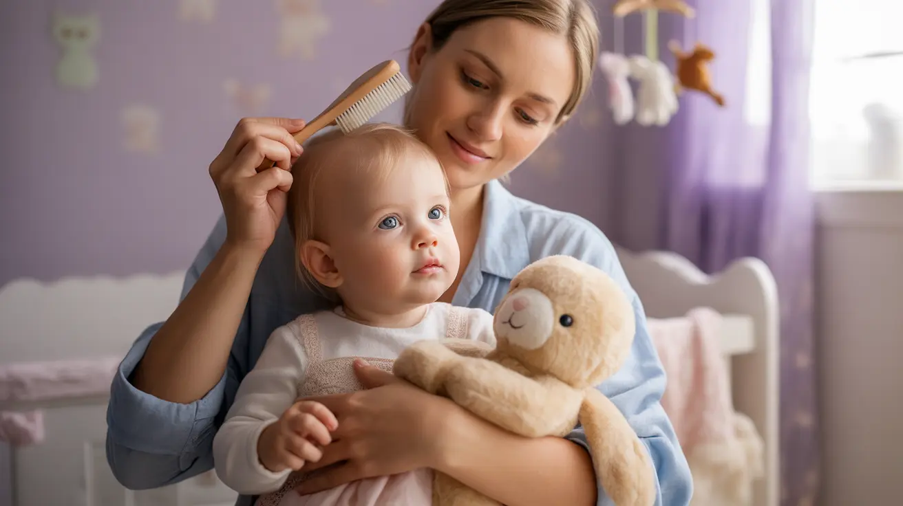 Parent gently brushing baby's head in cozy nursery with soft pastel colors