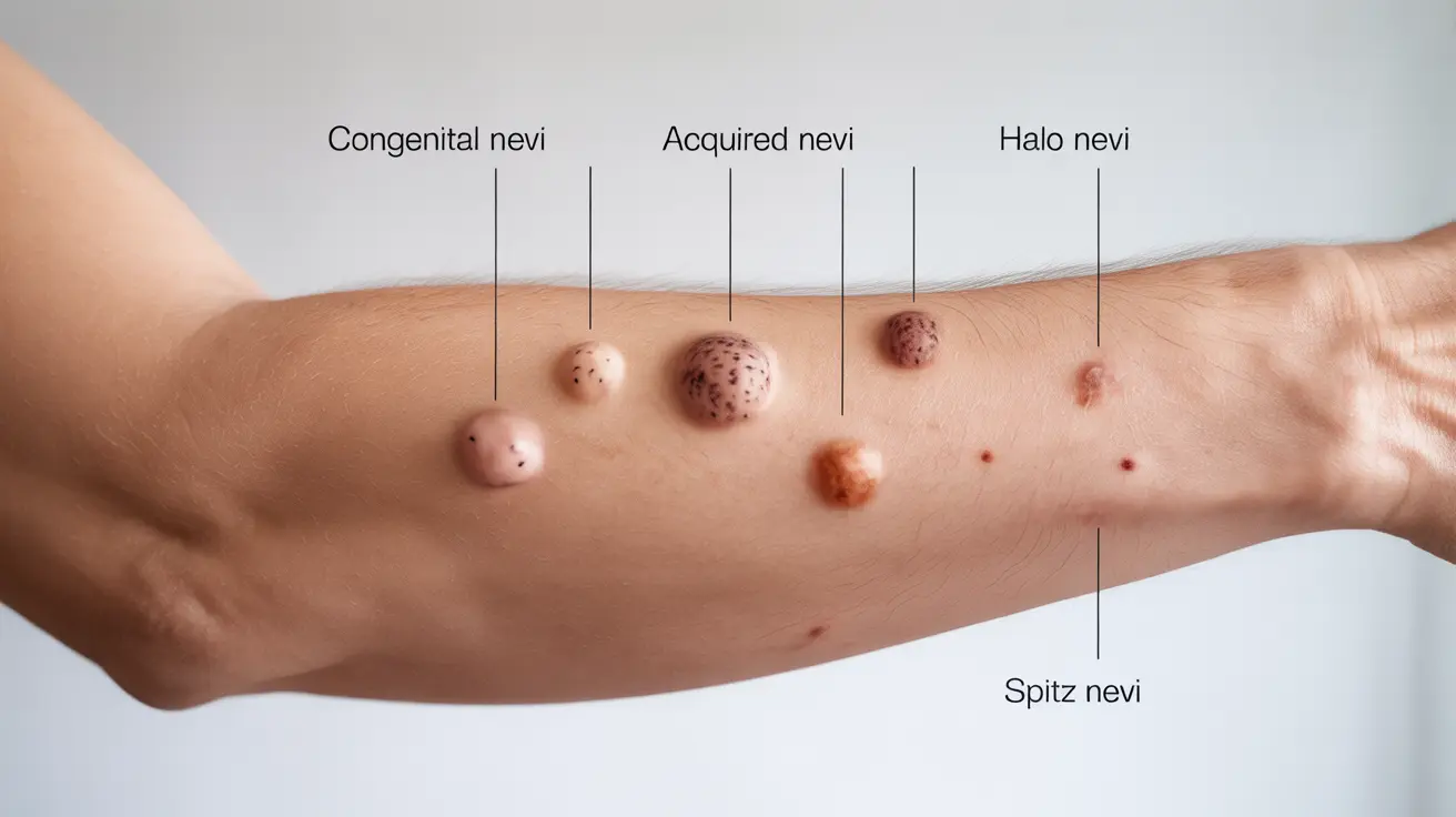 Illustration showing different types of baby moles labeled by type and characteristics on a white background