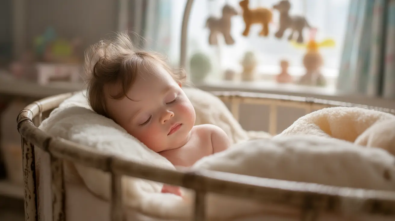 Young baby sleeping peacefully in a crib in a tidy nursery with soft, natural lighting