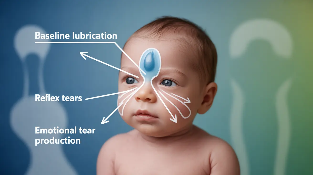 Illustration showing newborn tear gland development stages with labels and arrows in an infographic style