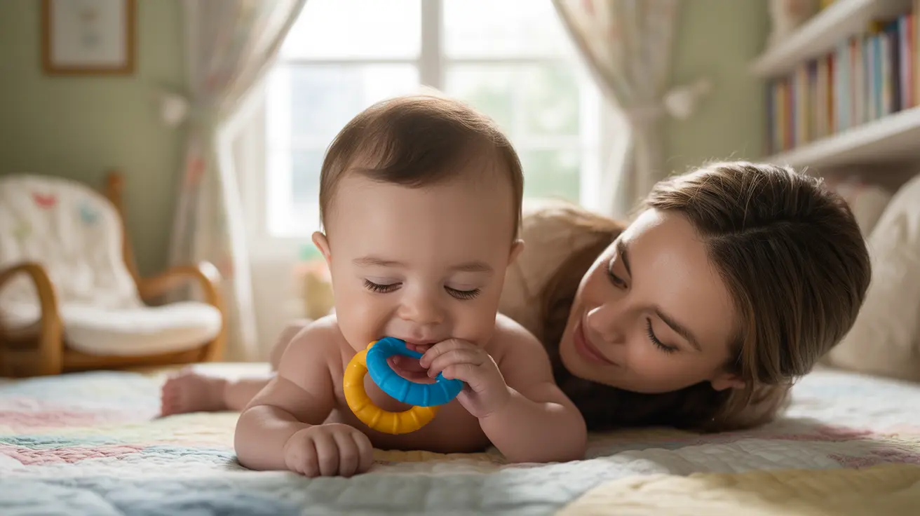 Parent watching baby drooling and chewing on teething ring in cozy nursery with natural daylight
