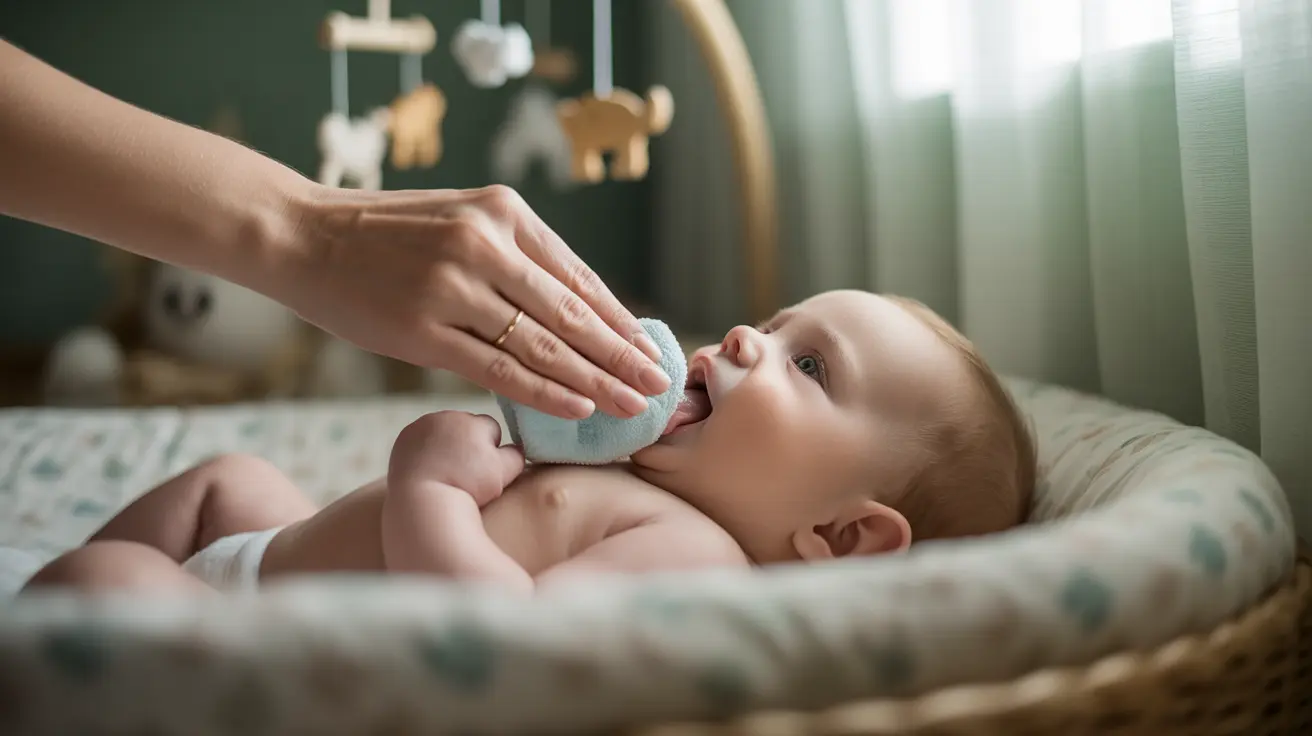 Parent using damp washcloth to clean baby's tongue in nursery with gentle care and soft lighting