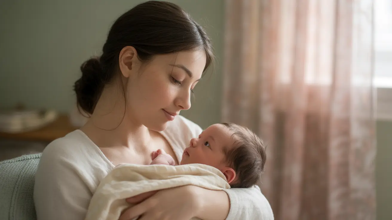 Mother engaging in eye contact with her newborn in a cozy home setting, illustrating early visual connections