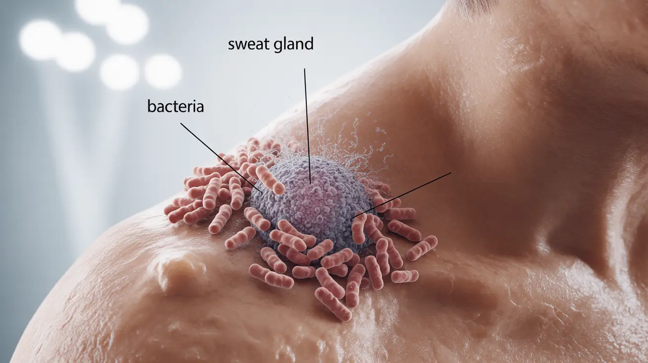 Close-up illustration showing bacteria interacting with sweat glands on skin surface, highlighting bacterial breakdown of sweat causing body odor, with labels identifying sweat glands and bacteria on a clean white background.