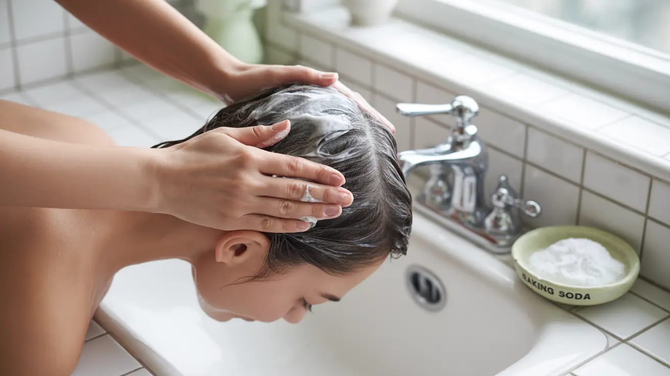 Detailed illustration showing a person gently applying a paste of baking soda to their damp scalp in a bright, clean bathroom setting.
