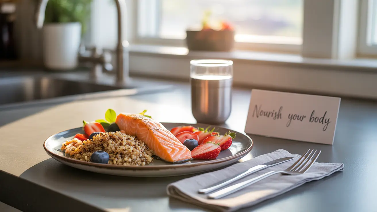 Detailed illustration of a balanced meal plate featuring protein-rich foods, colorful fruits, and whole grains on a modern kitchen countertop, bright natural lighting