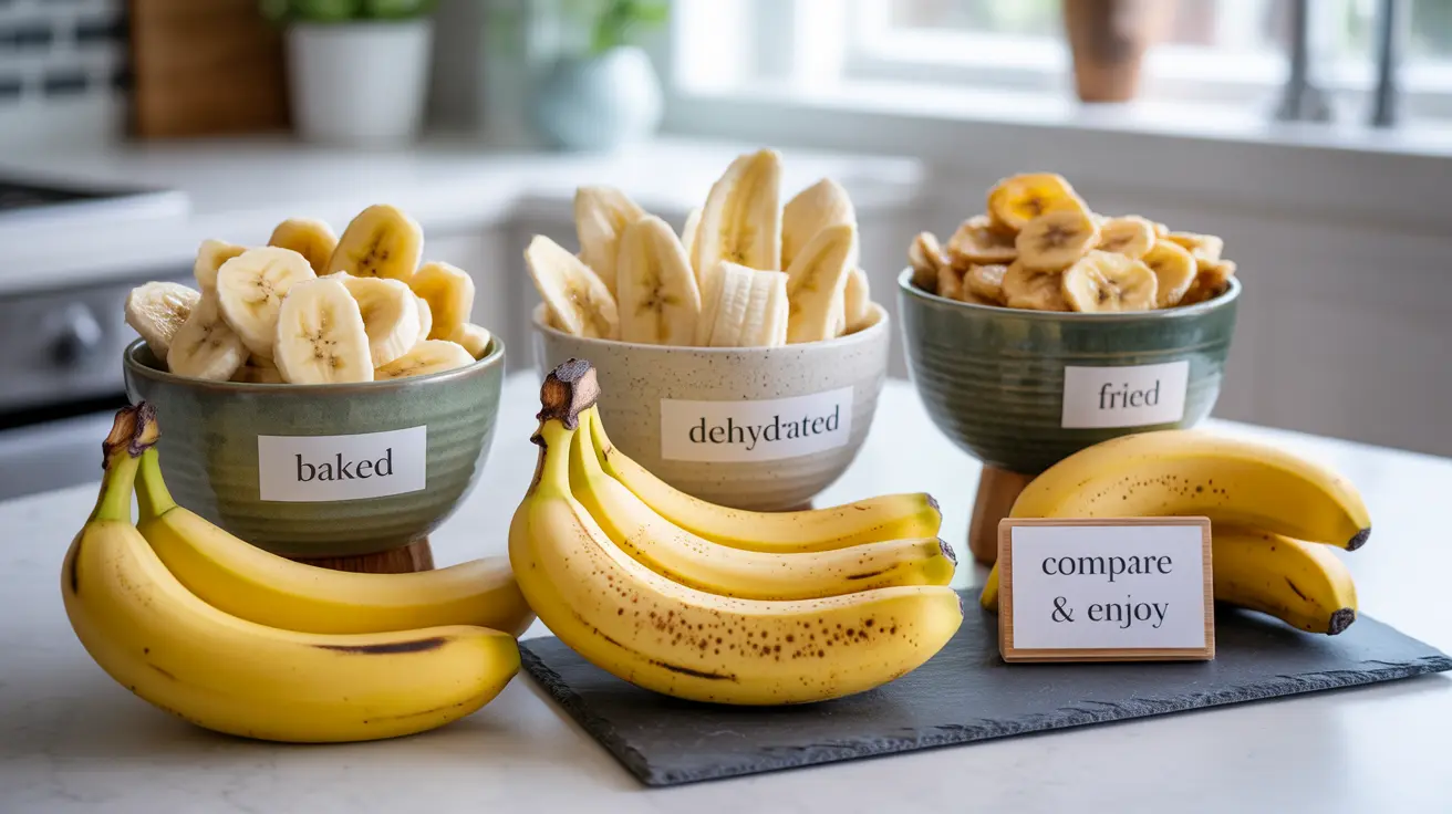A variety of banana chips in bowls with fresh bananas on a bright kitchen counter, labeled as baked, dehydrated, or fried, highlighting their textures in natural daylight.
