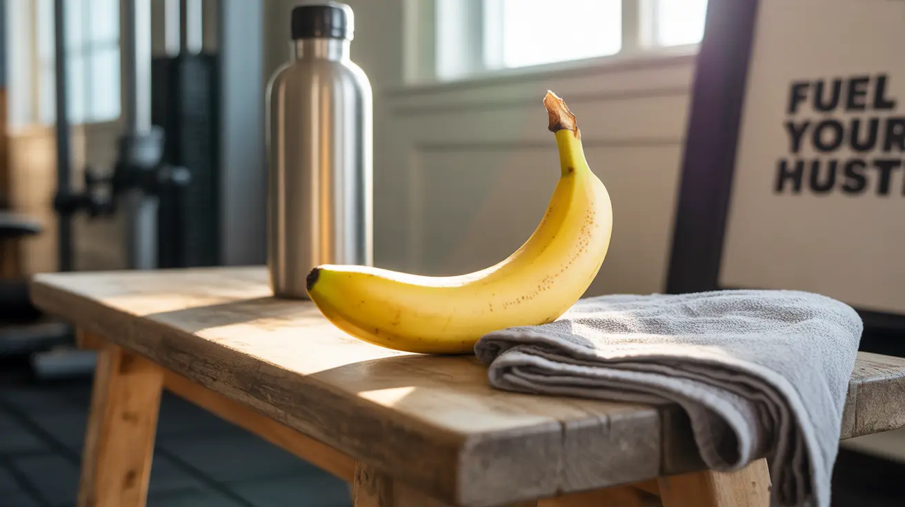 Ripe banana next to a water bottle and gym towel on wooden bench in home exercise space