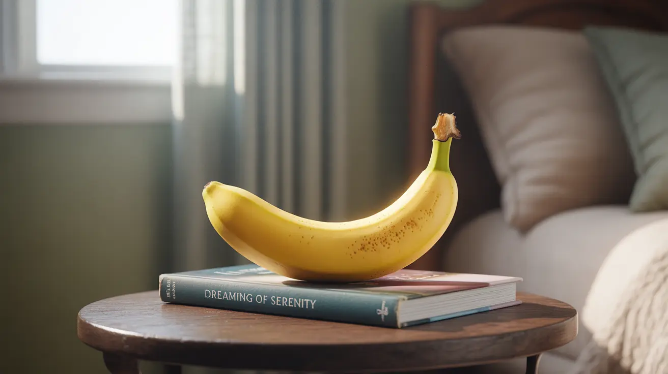 Ripe banana on a bedside table in a cozy bedroom with soft warm lighting, suggesting relaxation and sleep support benefits