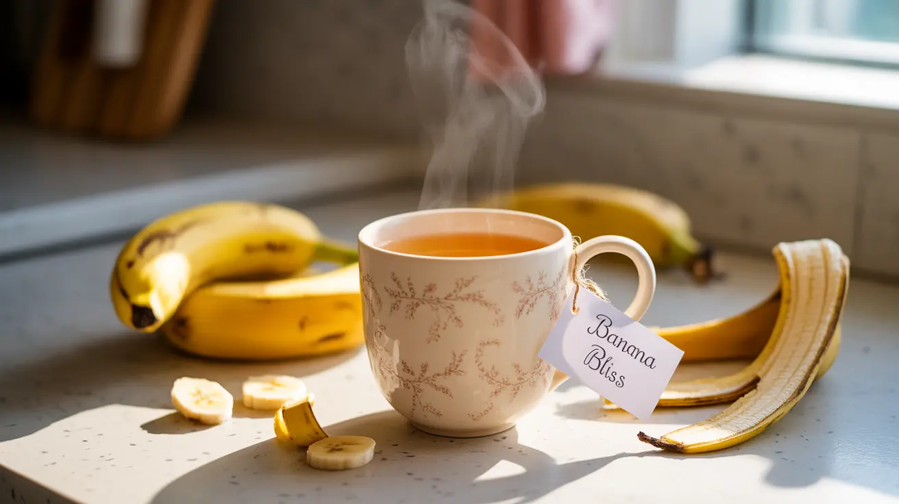 Close-up shot of a steaming cup of banana tea on a bright kitchen countertop, surrounded by whole bananas and banana peels in soft natural daylight.
