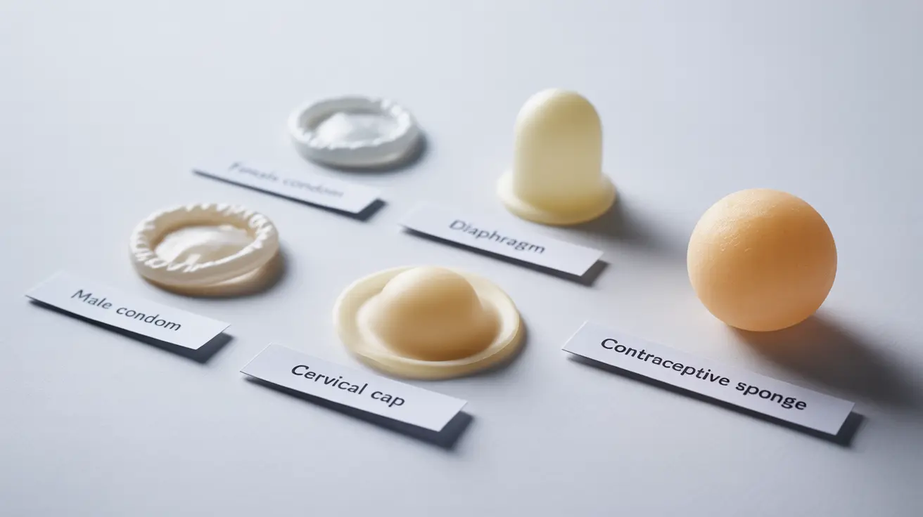 Detailed illustration of various barrier birth control methods, including labeled depictions of male and female condoms, diaphragms, cervical caps, and contraceptive sponges, set against a clean, neutral background with bright and even lighting