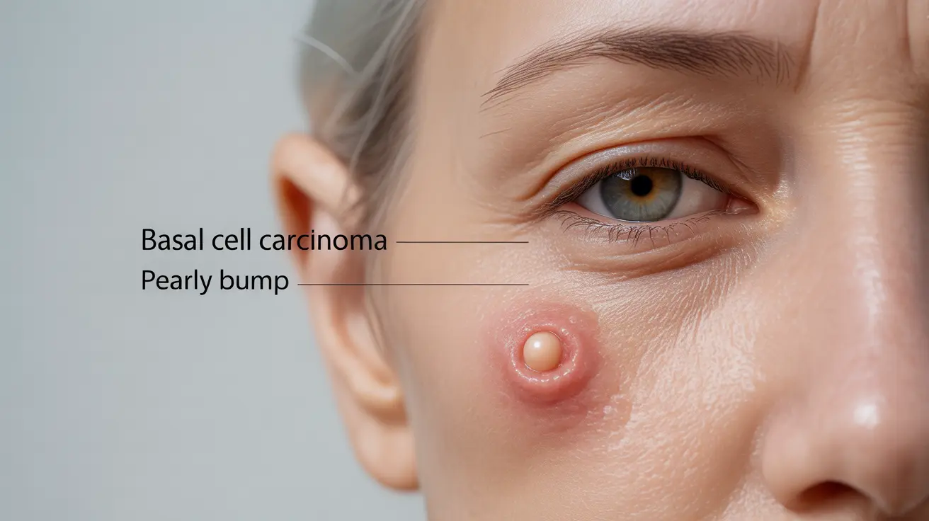 Illustration showing eye area with basal cell carcinoma symptoms, pearly bump and scar-like area labeled in bright clinical setting