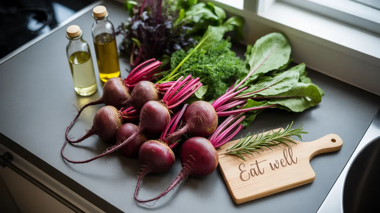 Realistic photograph, top-down view, freshly prepared beets with leafy greens and healthy oils on kitchen countertop in bright natural lighting