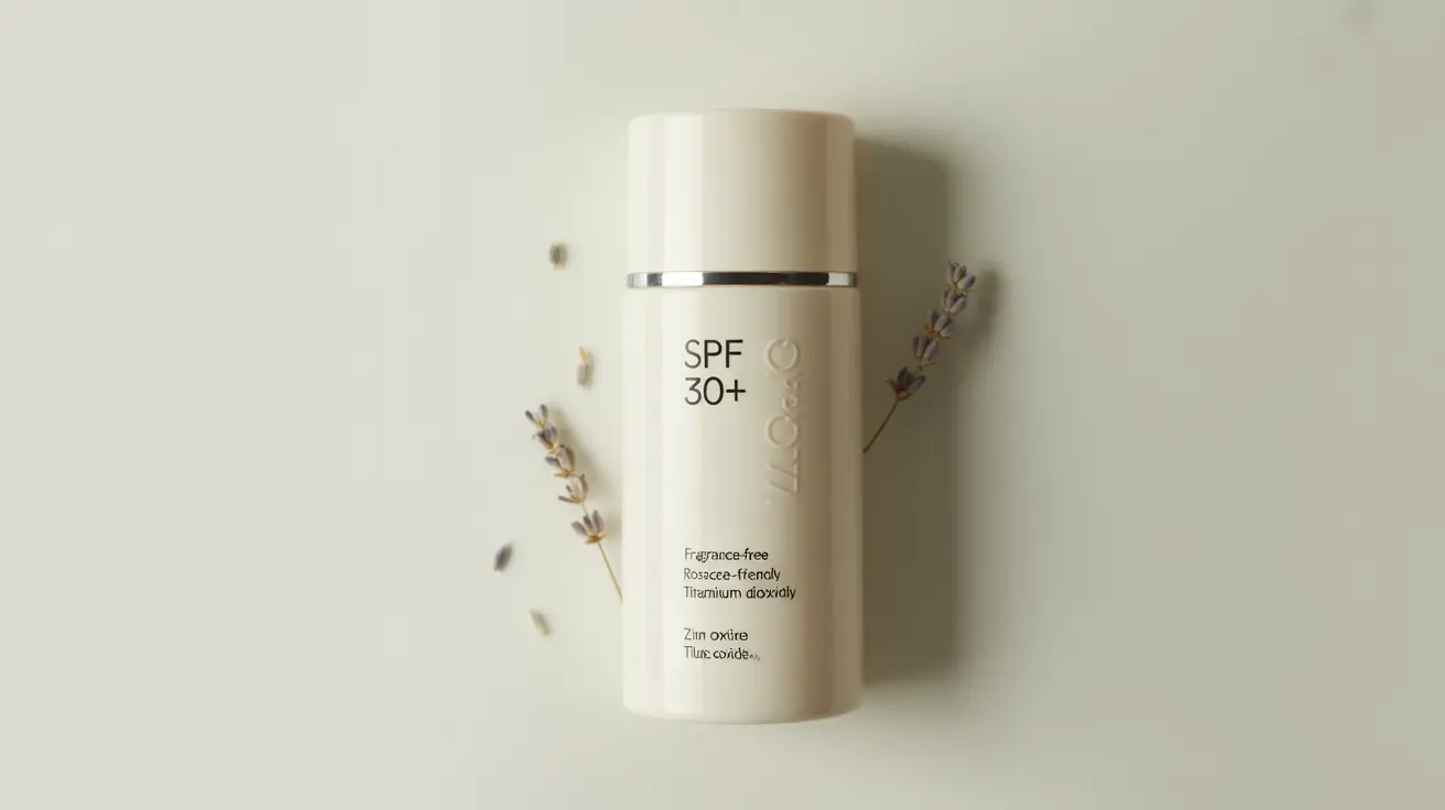 Sunscreen bottle with zinc oxide and titanium dioxide, labeled rosacea-friendly with SPF 30+, on a neutral background
