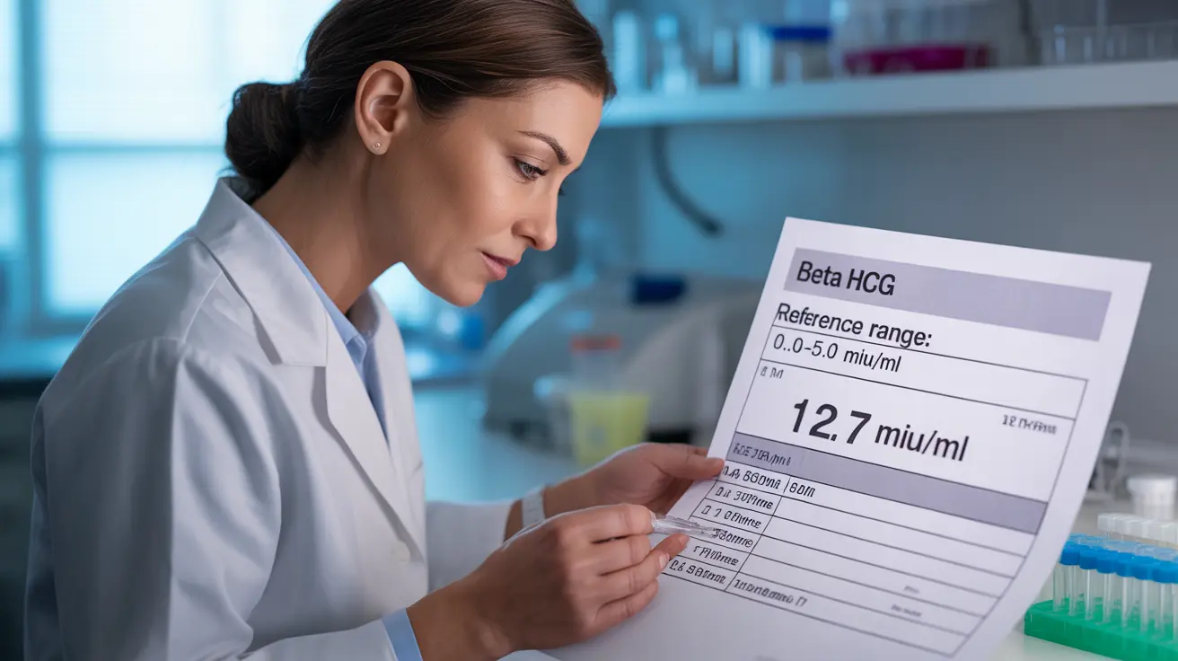 Healthcare professional in white coat analyzing a beta hCG laboratory report with numerical data in a clinical laboratory setting