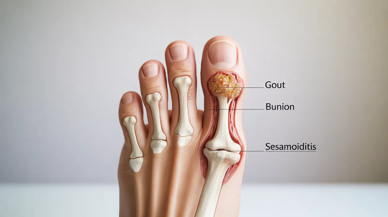 Detailed anatomical illustration of a big toe highlighting conditions such as gout with uric acid crystals, bunions with misalignment, and sesamoiditis with inflammation