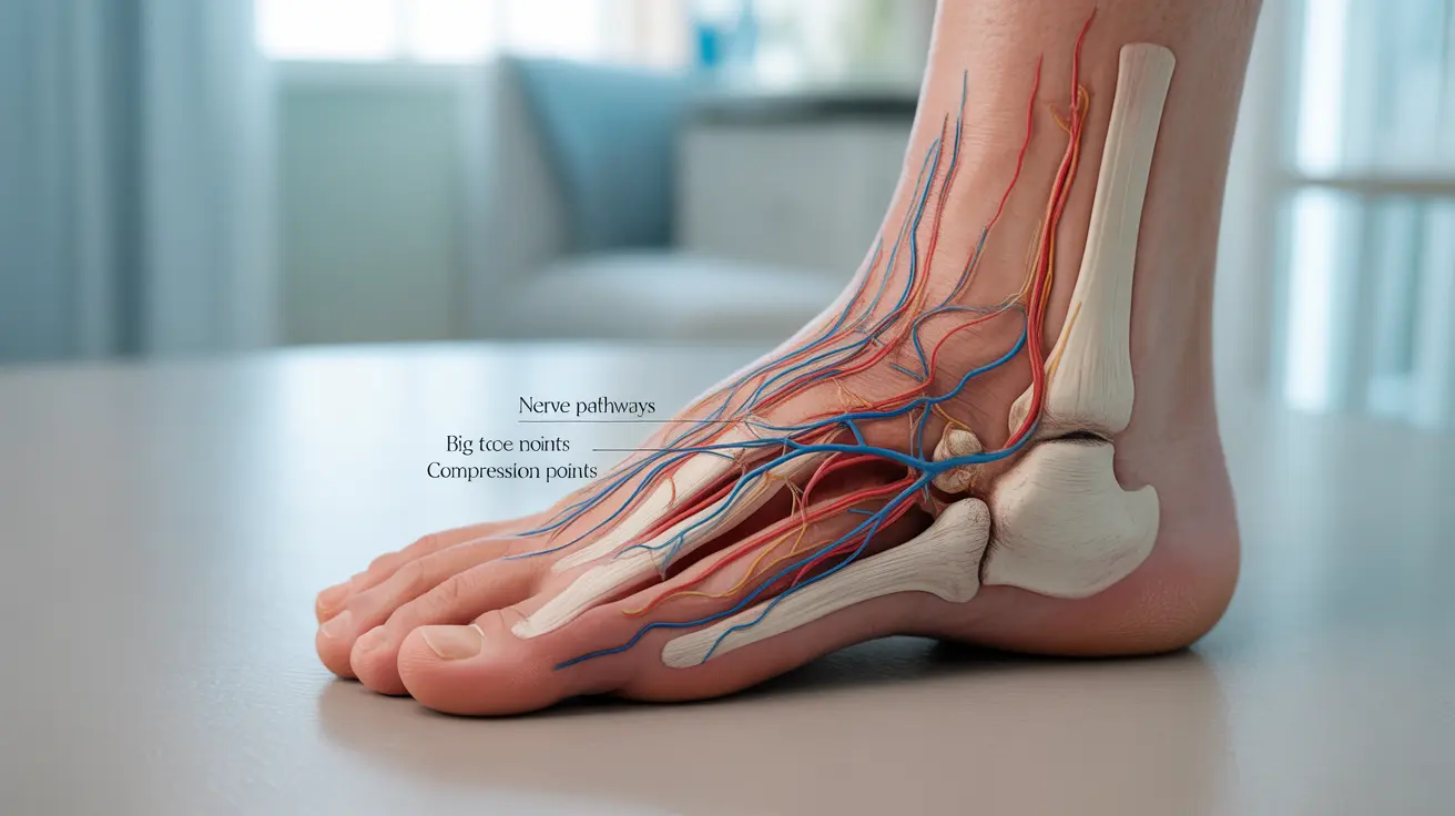 Detailed illustration of a human foot with labeled nerve pathways, showing compression points related to big toe numbness, clinical and informative style