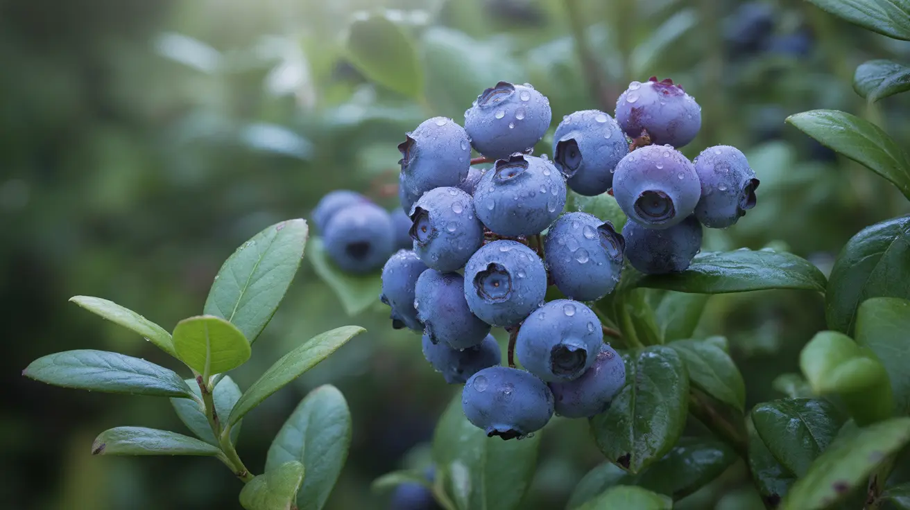 Realistic macro shot of fresh bilberries with vibrant purple hues and natural daylight highlighting freshness
