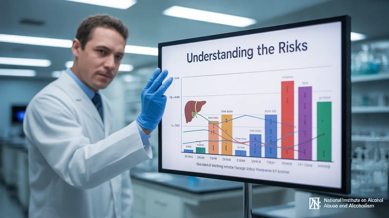 Detailed illustration showing the effects and health risks of binge drinking, featuring a chart with statistics and health consequences in a clean, abstract medical context.