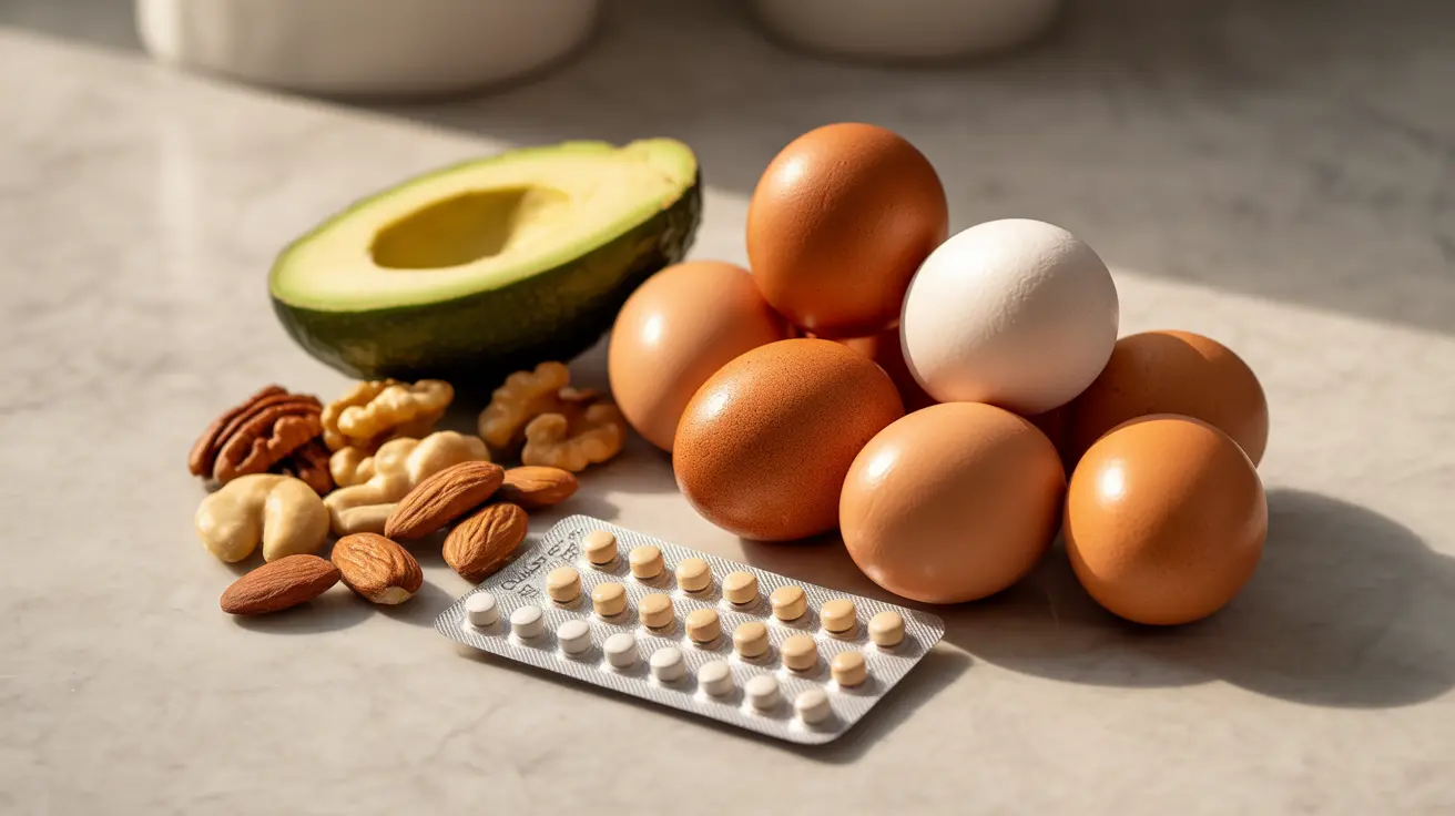 Detailed illustration showing biotin-rich foods like eggs, nuts, and avocados alongside a birth control pill pack on a bright kitchen countertop