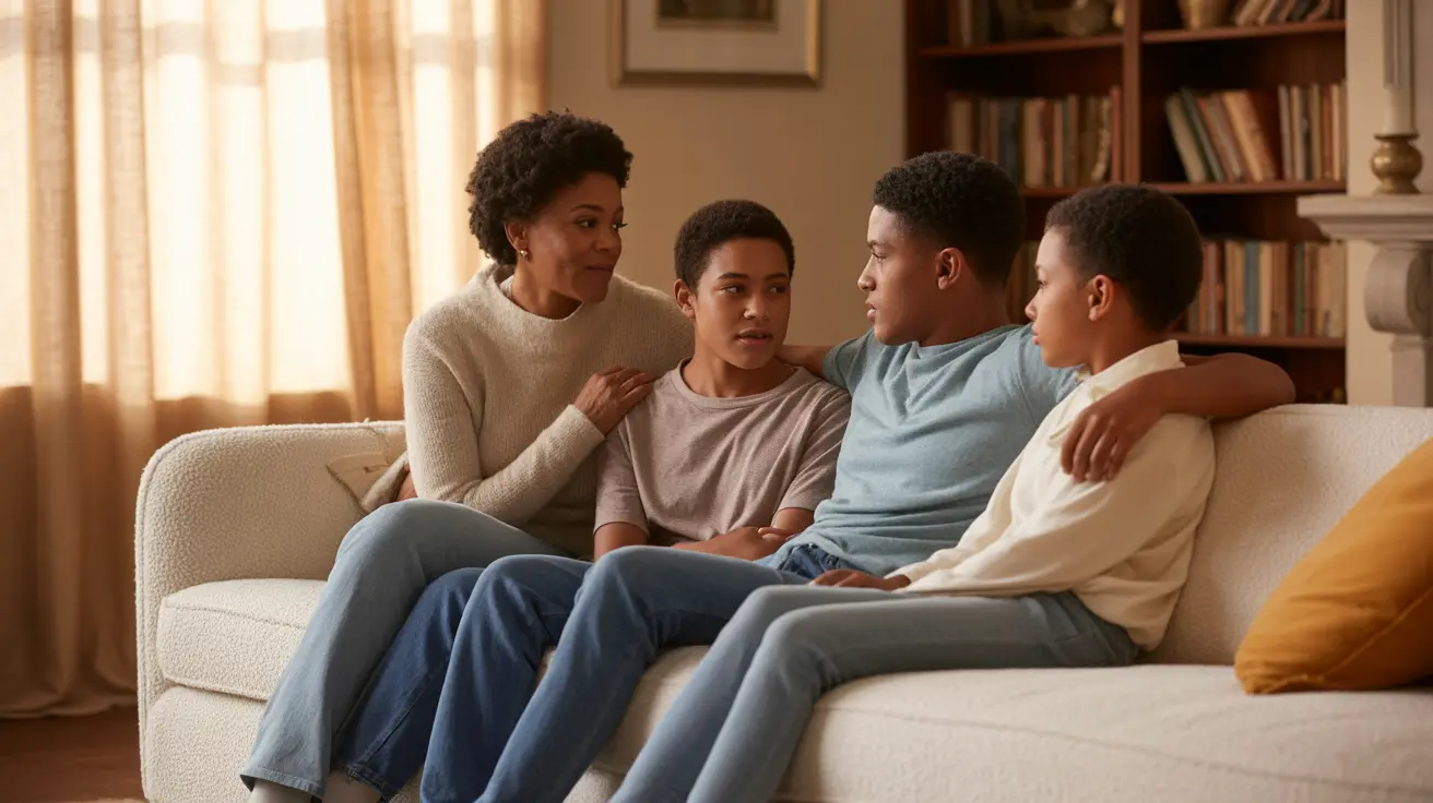Diverse family sitting together in a cozy living room, engaging in a supportive discussion about coping with bipolar disorder, capturing empathy and connection.