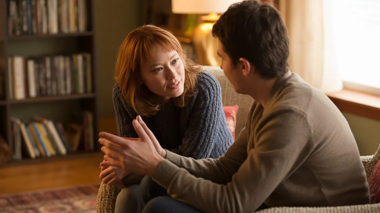 Person with bipolar disorder engaging in an open conversation with a friend in a cozy living room, showcasing emotional connection and support.