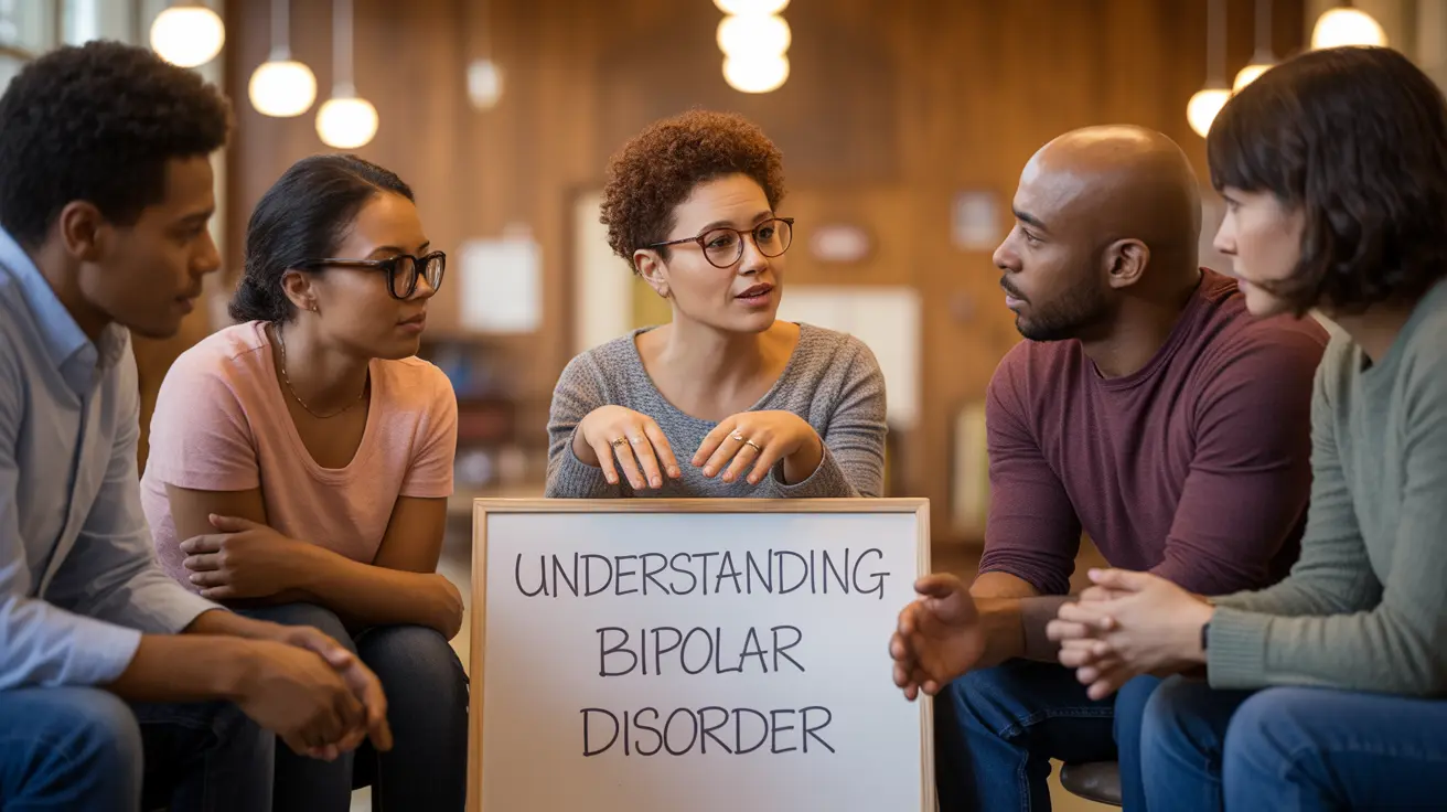 Diverse group of individuals gathered in a cozy community center, engaging in a supportive discussion about mental health and bipolar disorder stigma.