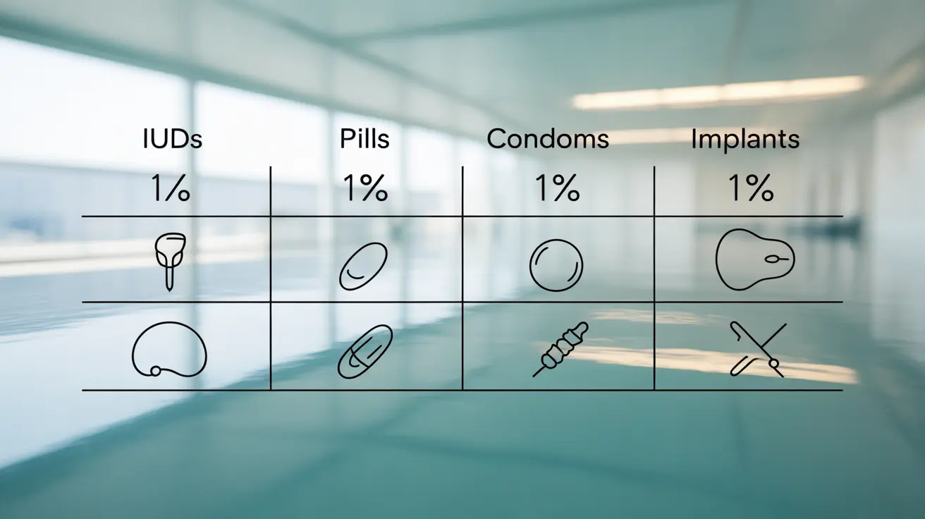 Detailed illustration depicting various birth control methods including IUDs, pills, condoms, and implants in a comparative layout, effectiveness ratings clearly labeled, soft gradient abstract medical background