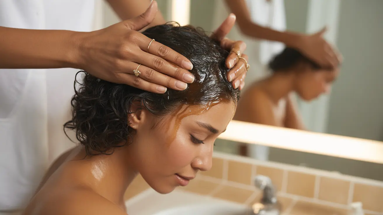 Person massaging black castor oil into scalp using fingertips, serene and nourishing mood in bathroom