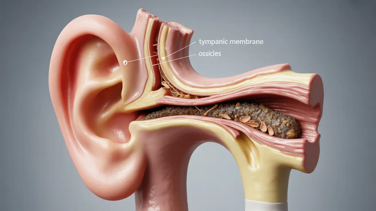 Detailed illustration, cutaway view of human ear canal, showing dark earwax accumulation mixed with dead skin cells and debris, labeled components for educational clarity, clinical and informative tone with neutral background.