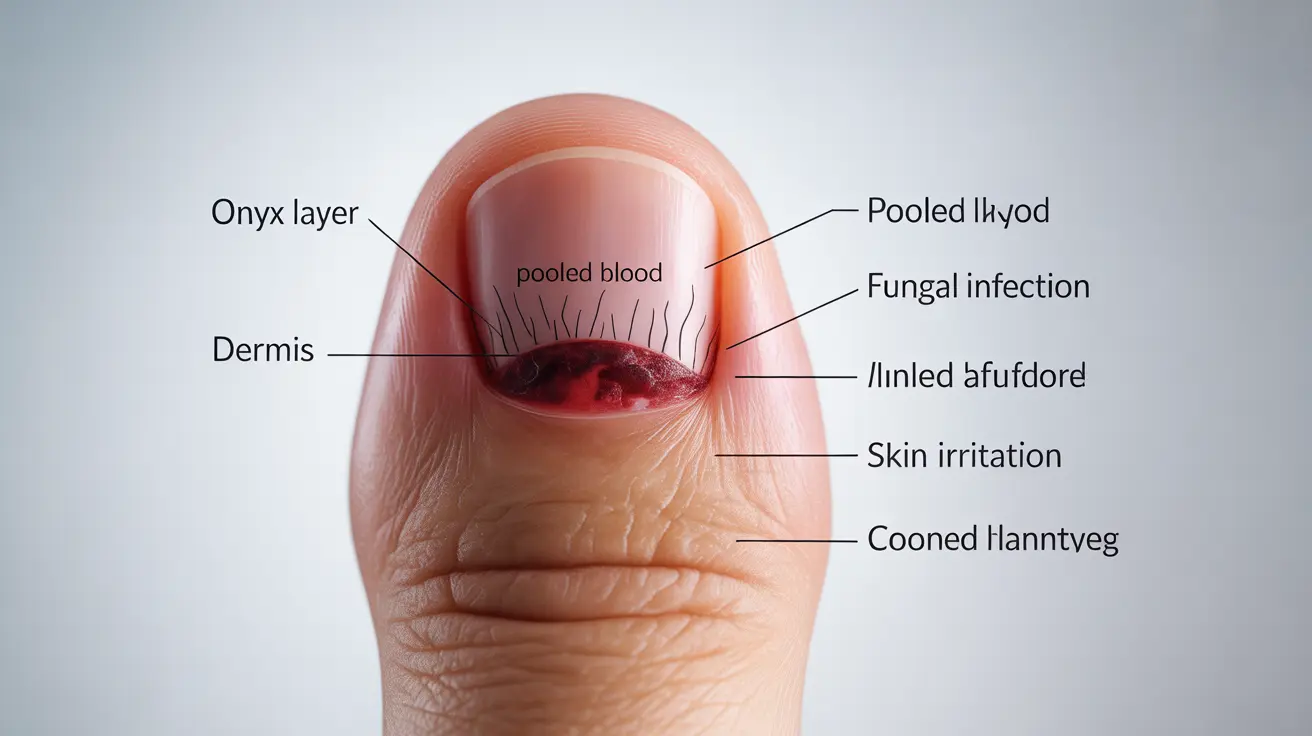 Illustration showing cross-section of human toe with black toenail, labeled for nail layers and causes like trauma and infection on white background.