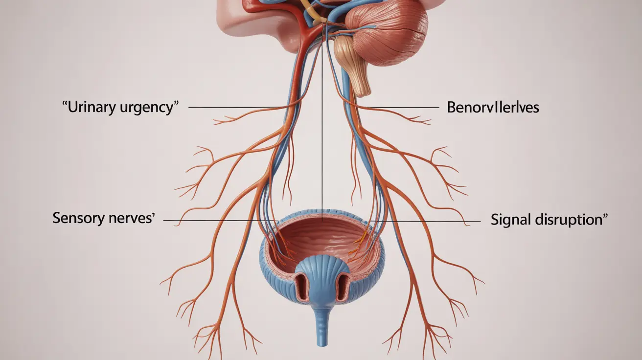 Illustration of bladder with nerve pathways to brain, labels show disruption areas causing urinary urgency, clinical atmosphere