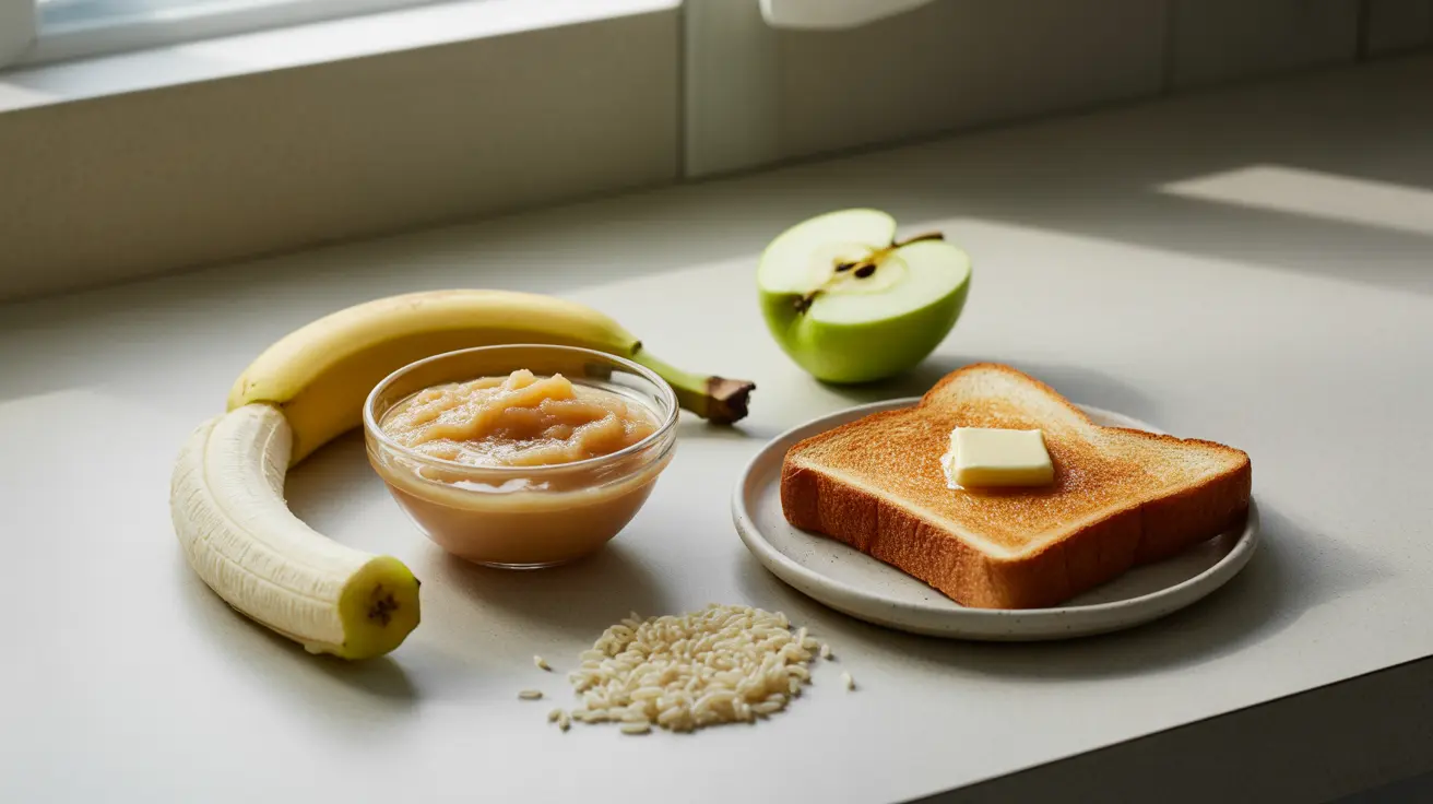 Variety of bland and easily digestible foods like bananas, rice, applesauce, and toast artfully arranged on a clean kitchen counter
