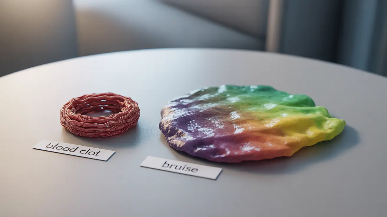 Illustration comparing a blood clot and bruise with color phases and characteristics, set in a clinical environment