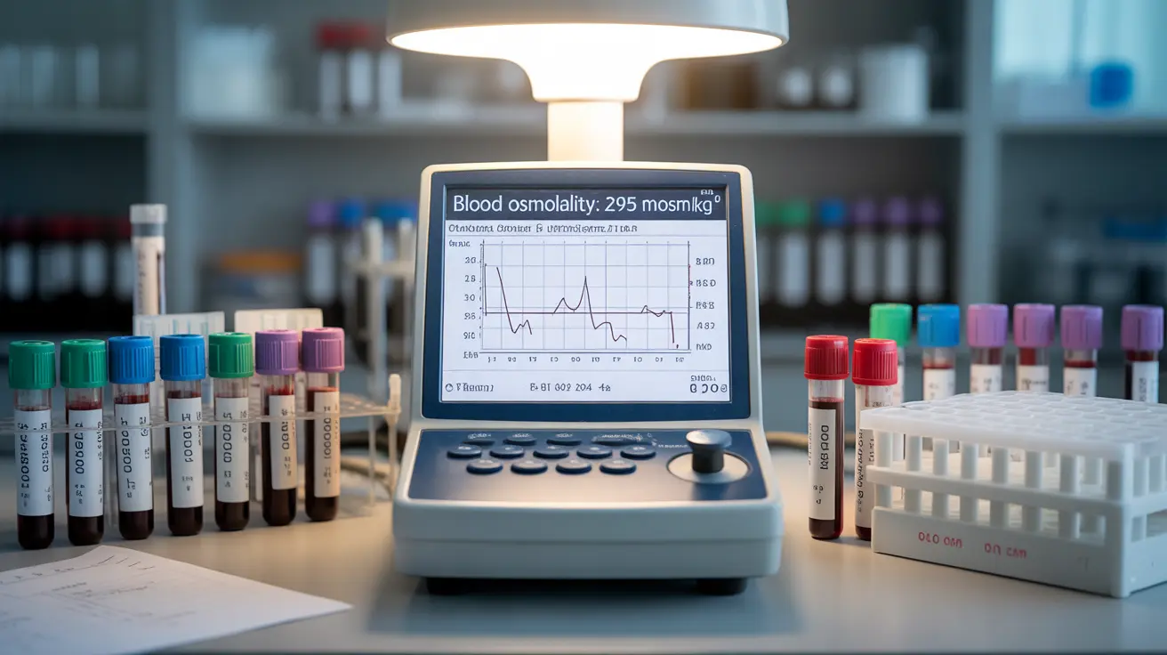 Illustration depicting blood osmolality measurement featuring sodium, glucose, and blood urea nitrogen in a clinical lab setting