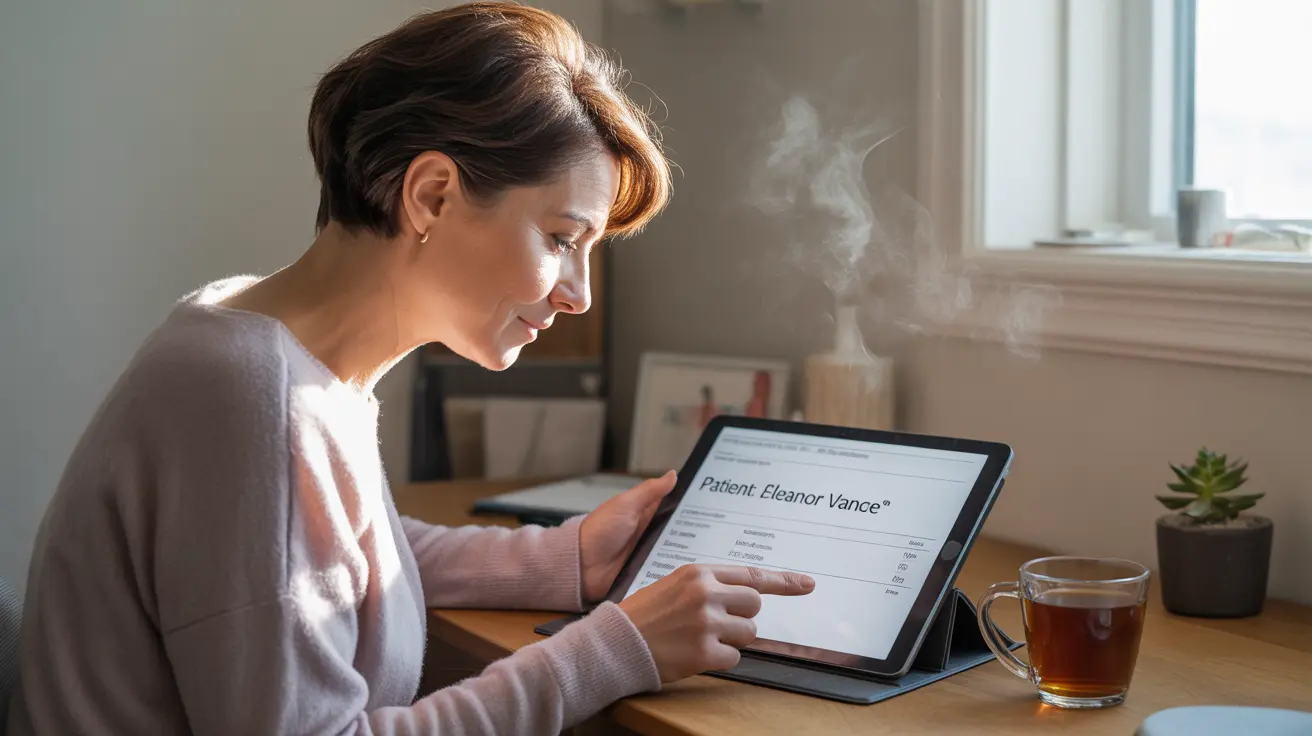 Person sitting calmly reviewing a blood test report at a desk in a quiet, well-lit environment