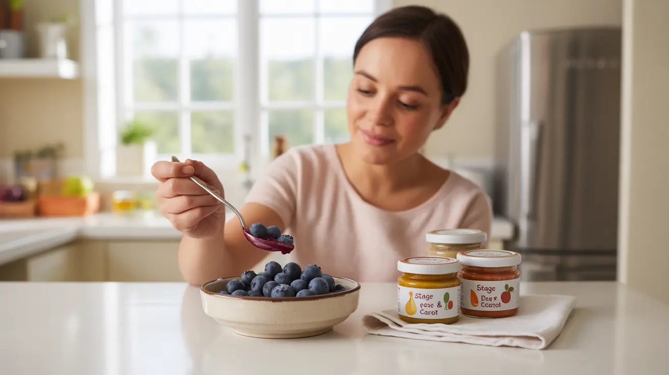 Caregiver preparing a bowl of fresh blueberries alongside various baby food items on a bright kitchen counter, emphasizing health and nutrition for infants.