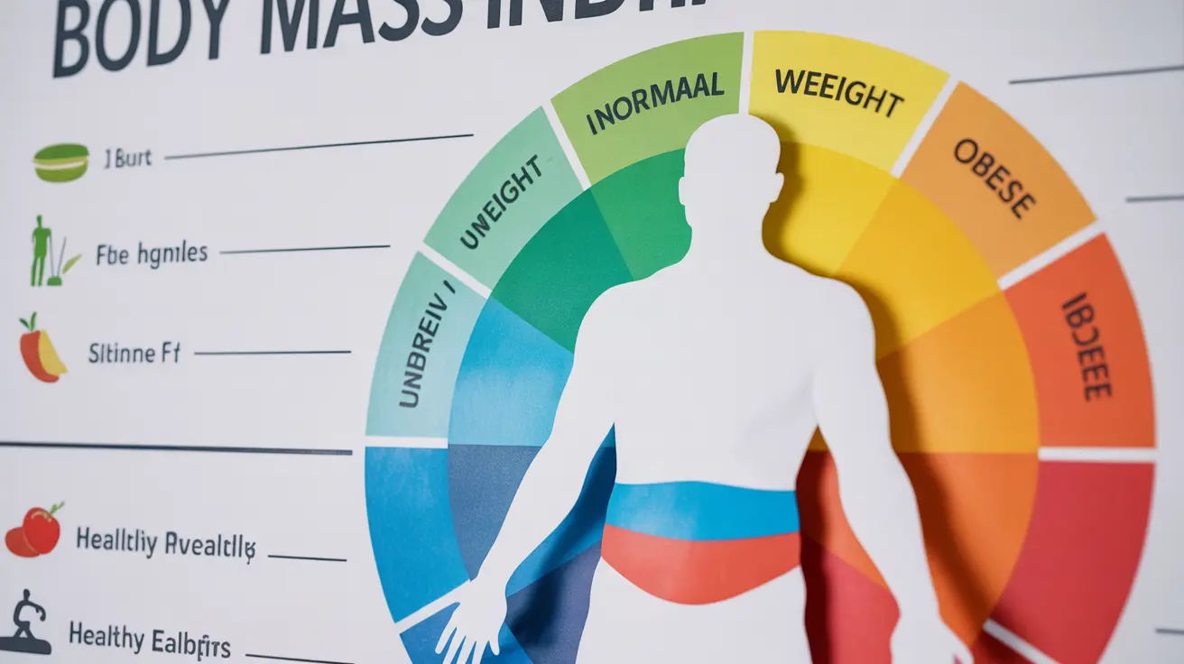 Infographic depicting BMI categories with visual indicators and labels for underweight, normal weight, overweight, and obese; includes body composition and waist circumference factors, on a clean white background