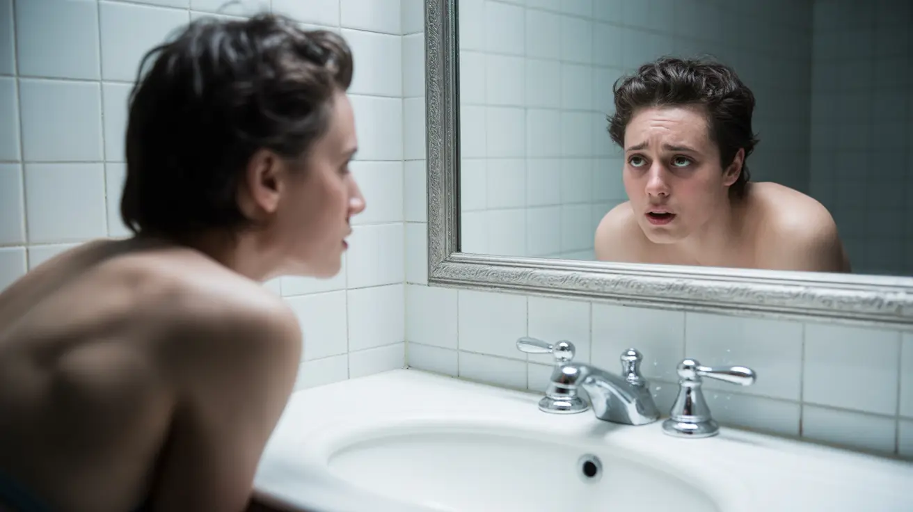 Detailed illustration of a person standing in a bright clinical bathroom, looking into a mirror with a distressed expression, reflecting body dysmorphia concerns.