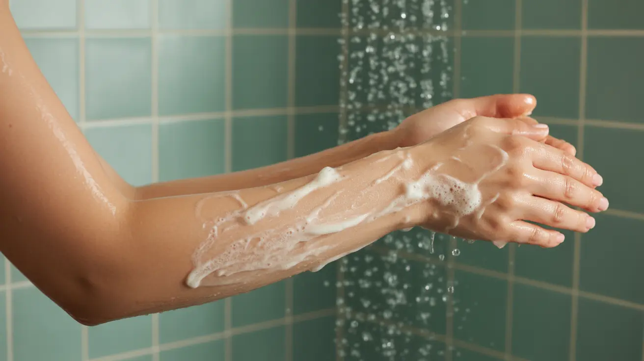 Person in shower applying body scrub on arm with gentle circular motions, showing scrub particle texture and water droplets